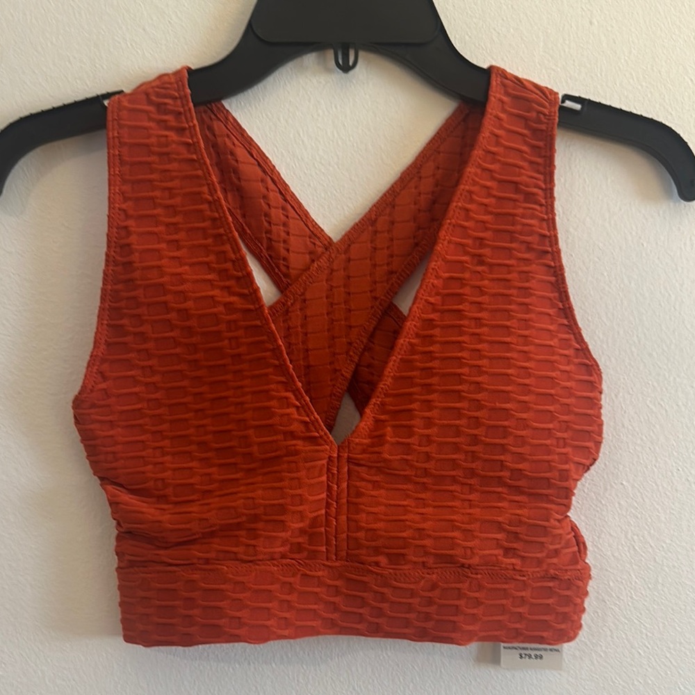 La Society Orange Ribbed Sports Bra with V-Neck